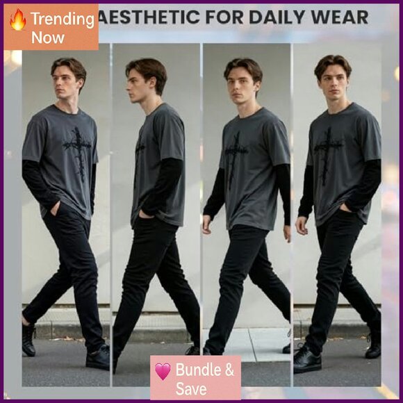 Gothic Long Sleeve Tee Thorn Cross Print Punk Streetwear Unisex - Picture 7 of 7